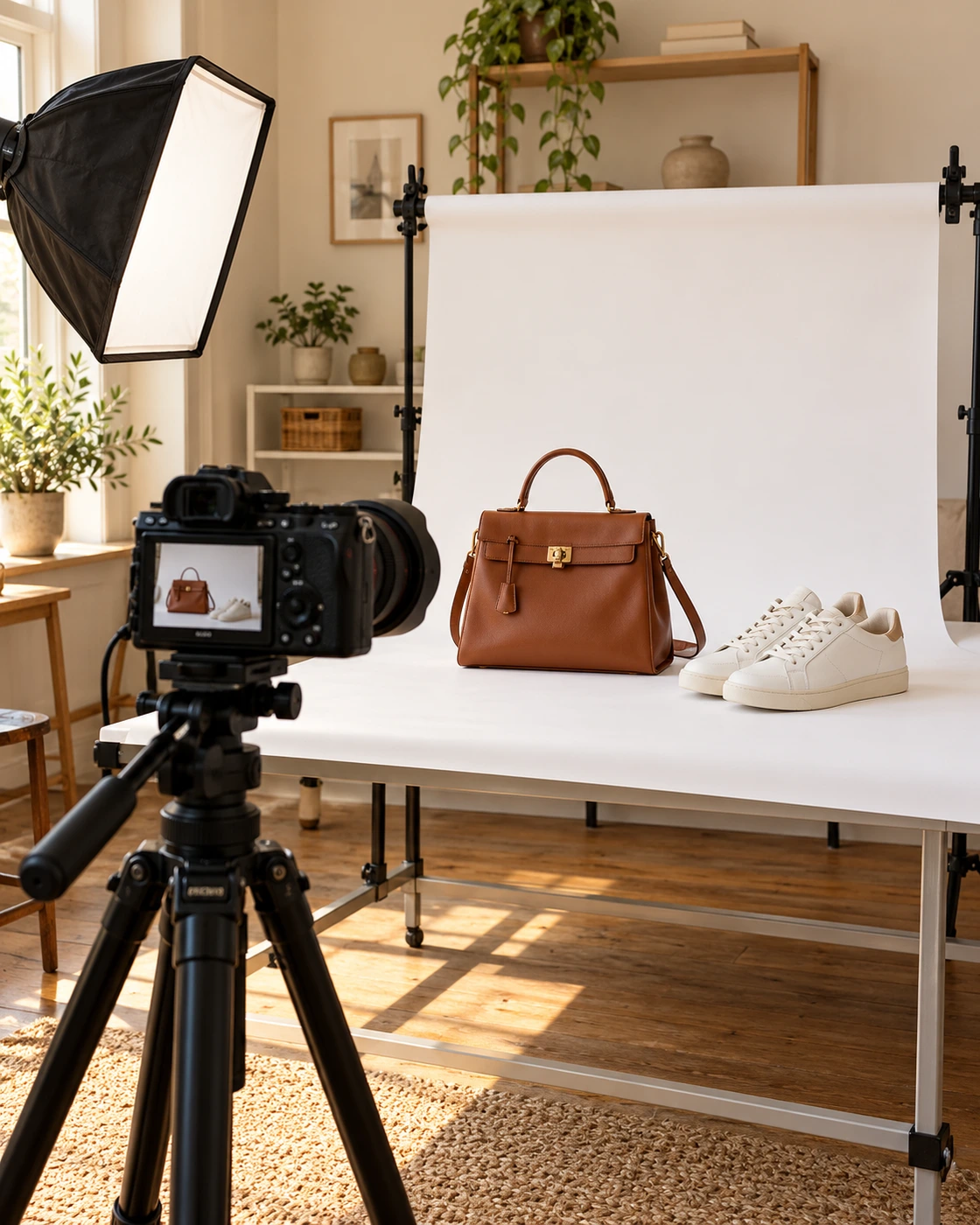 Fotostation met camera, witte achtergrond, tas en sneakers