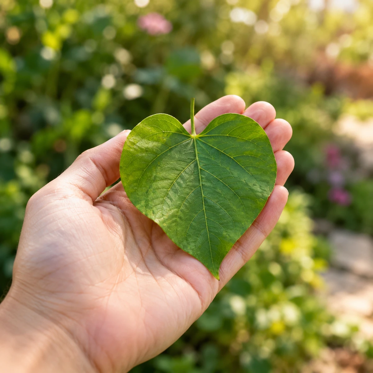 Hand met een hartvormig groen blad