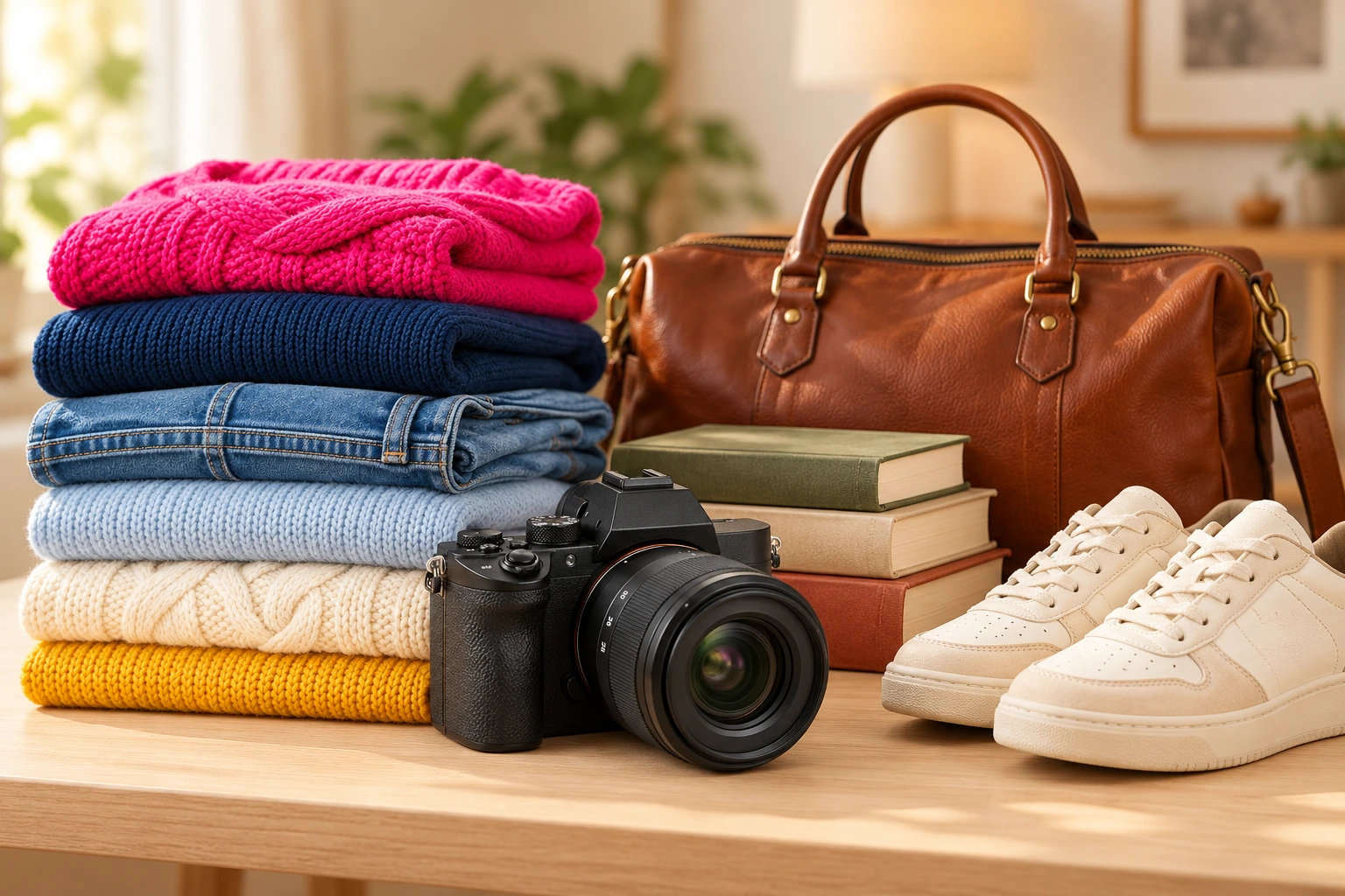 Gevouwen truien, jeans, boeken, een camera en sneakers op een houten tafel