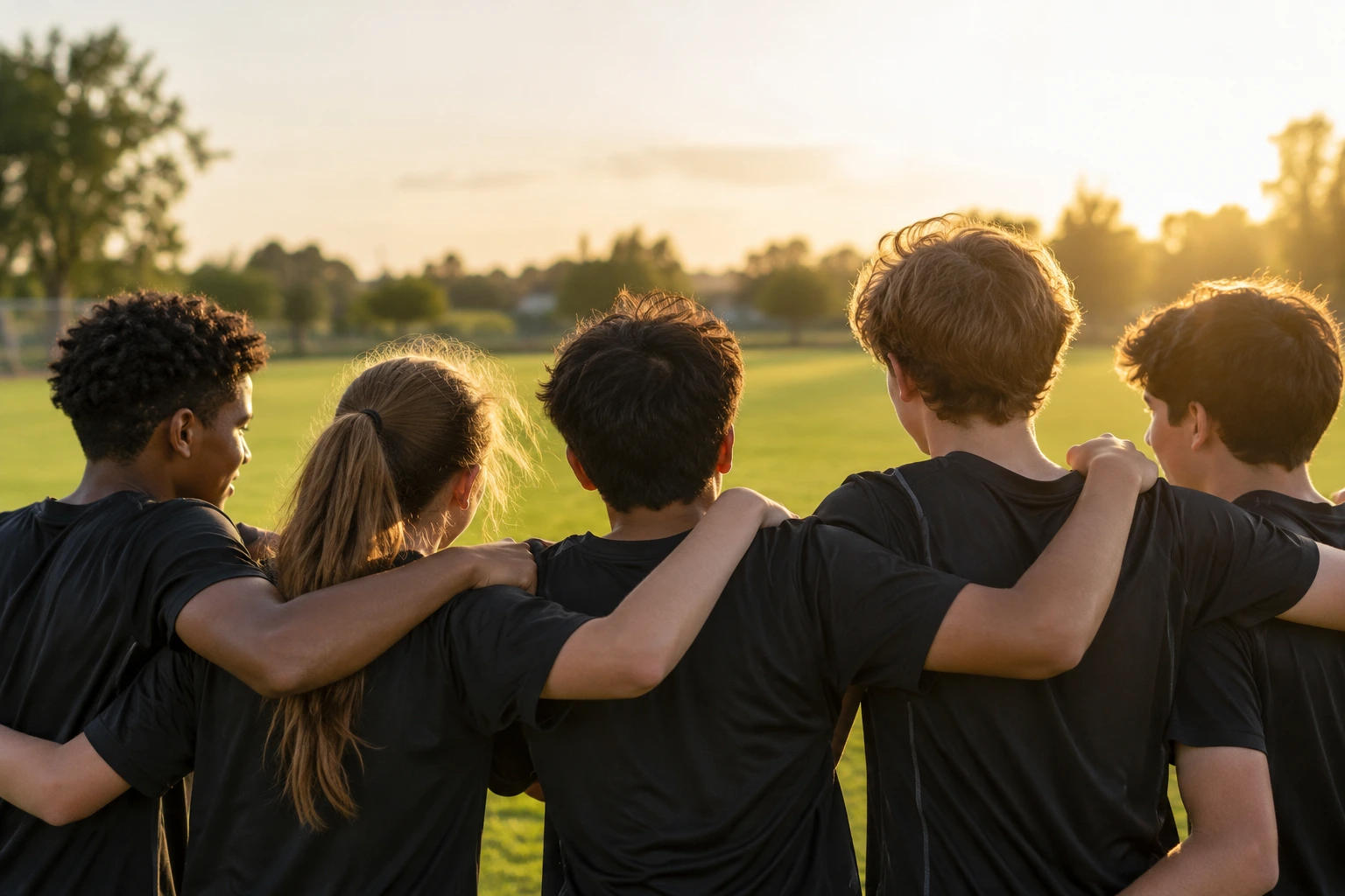 Teamleden van een sportclub met de armen om elkaar heen op het veld
