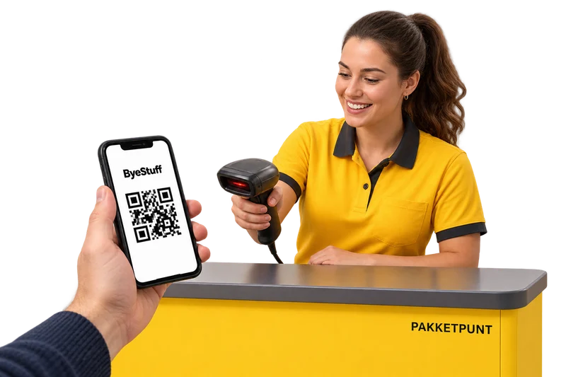 Bij een pakketpunt wordt de digitale code op een telefoon gescand