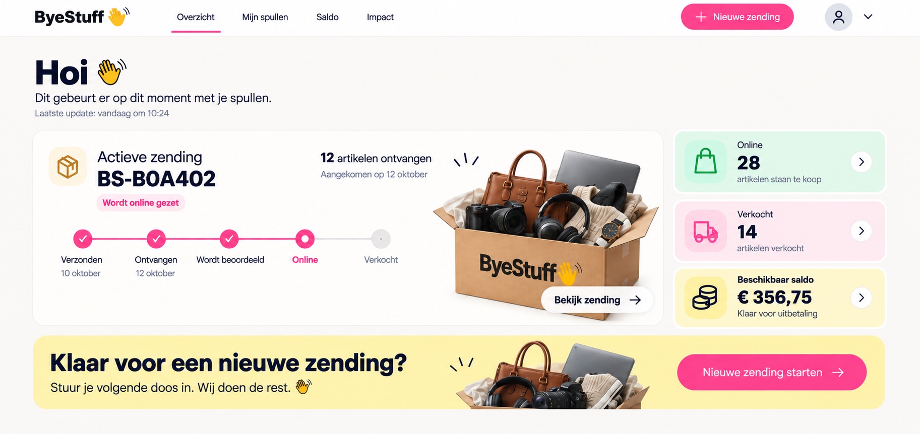 Voorbeeld van het ByeStuff-dashboard met een actieve zending, artikelen online, verkocht en beschikbaar saldo
