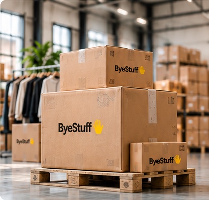 Dozen met het ByeStuff-logo op een pallet in een magazijn