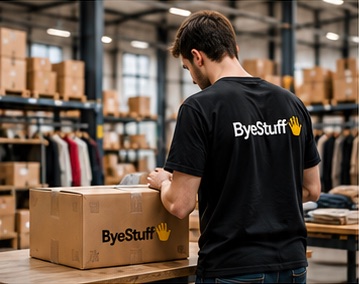 ByeStuff-medewerker verwerkt een doos in het magazijn